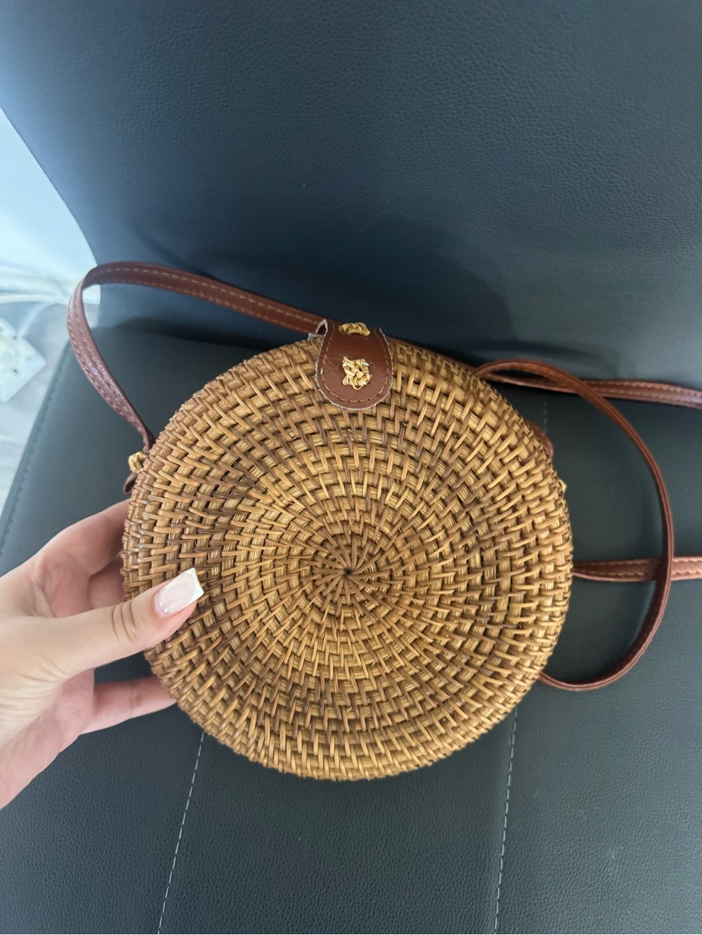 Woven Round Straw Crossbody Bag with Brown Leather Trim